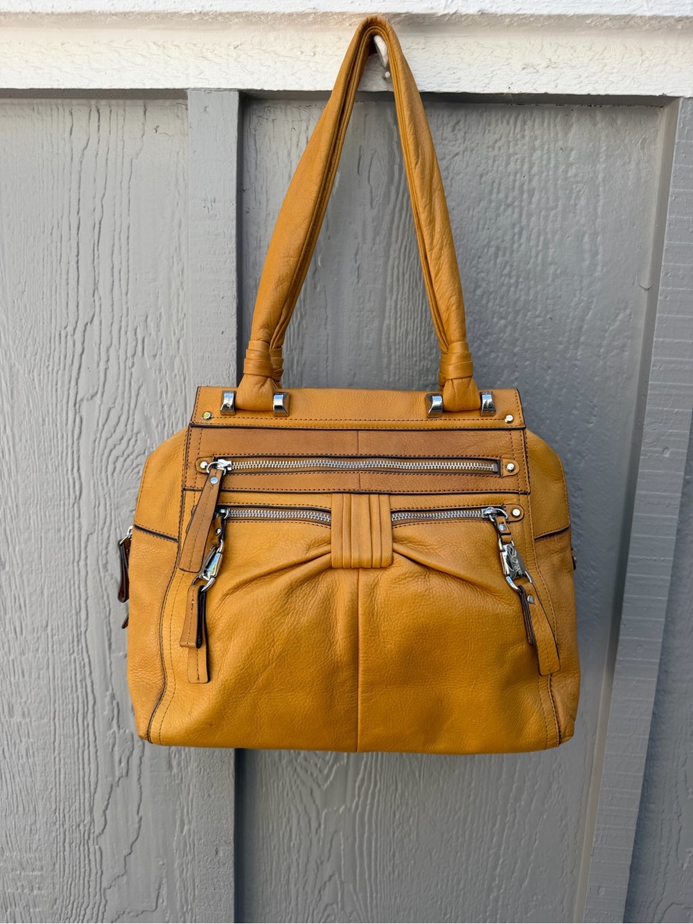 B. Makowsky Golden Yellow Genuine Leather Multi-Zip Bow Shoulder Handbag Tote